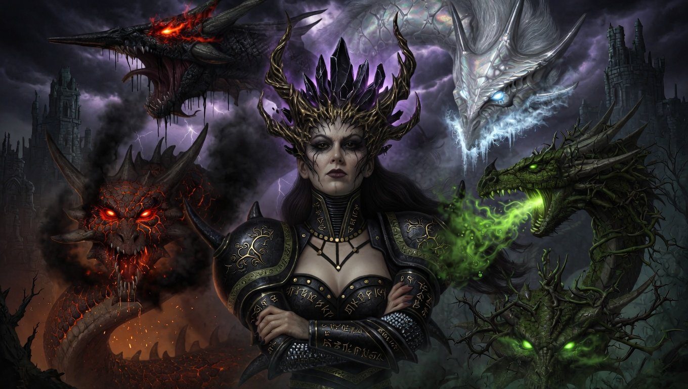 A queen in dark crystalline crown stands center, arms folded; around her loom five draconic heads beneath a violet sky.