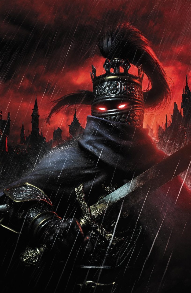 A crowned warrior in dark armour stands in pouring rain, eyes burning red.