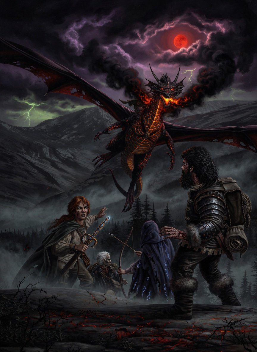A four-strong adventuring party stands before a great black dragon under a stormy sky.
