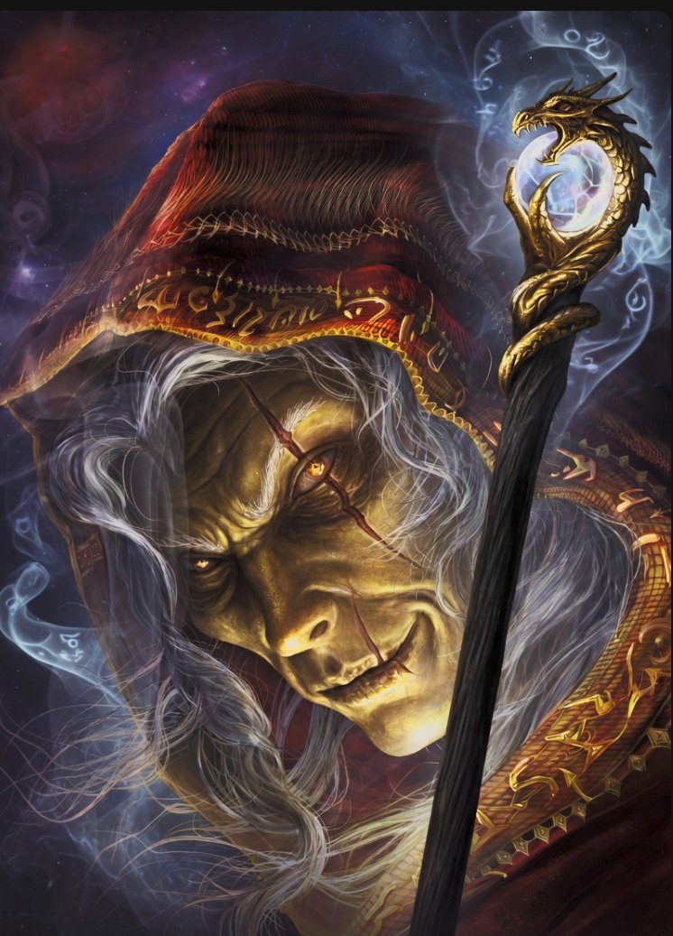 A hooded sorcerer wreathed in shadow holds aloft a staff carved with a dragon.